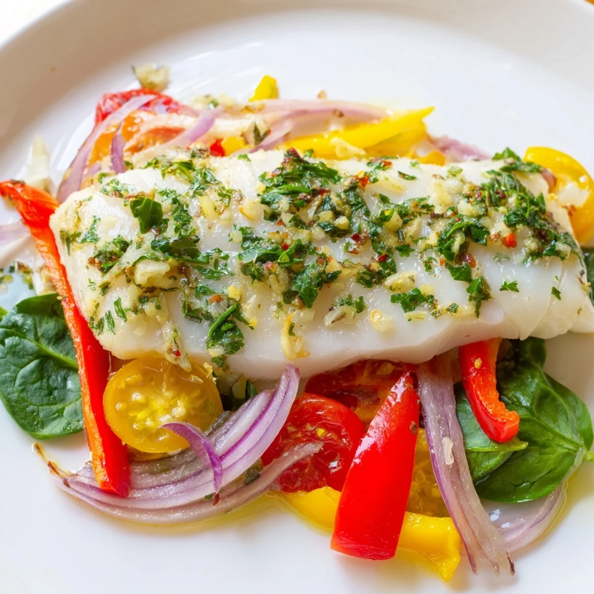 Fragrant baked cod supper fillet nestled among colorful roasted bell peppers and cherry tomatoes, garnished with fresh parsley and lemon wedges.