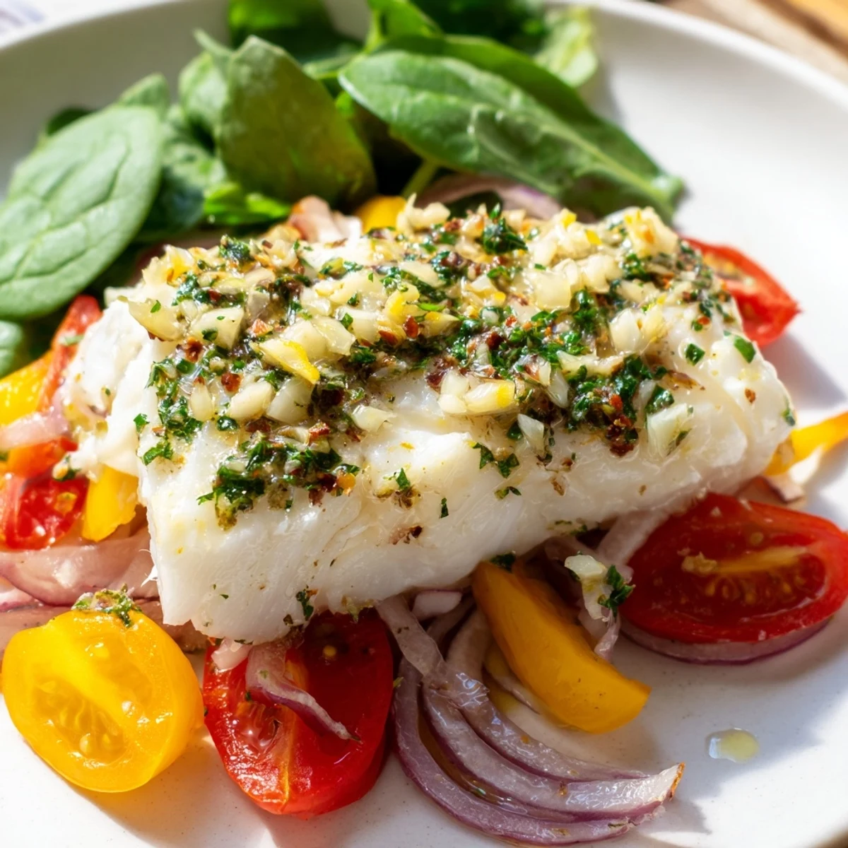 Tender flaky cod supper fillet baked over a medley of vegetables in a savory herb and lemon sauce, perfect for a weeknight dinner.