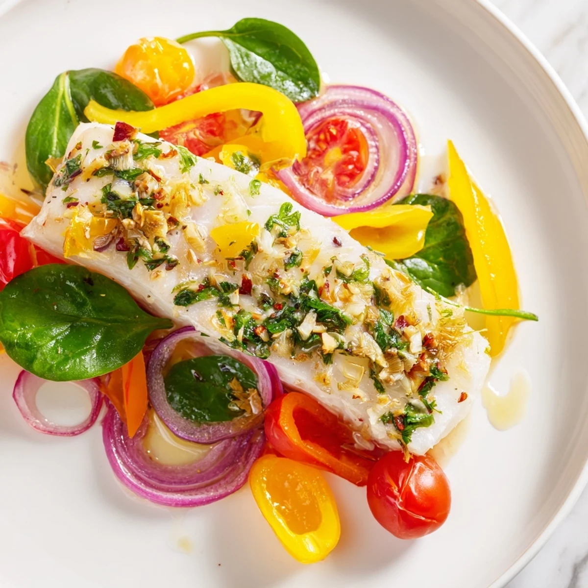 Golden baked cod supper fillet with roasted vegetables and spinach on a rustic plate, served with lemon wedges for a bright finish.