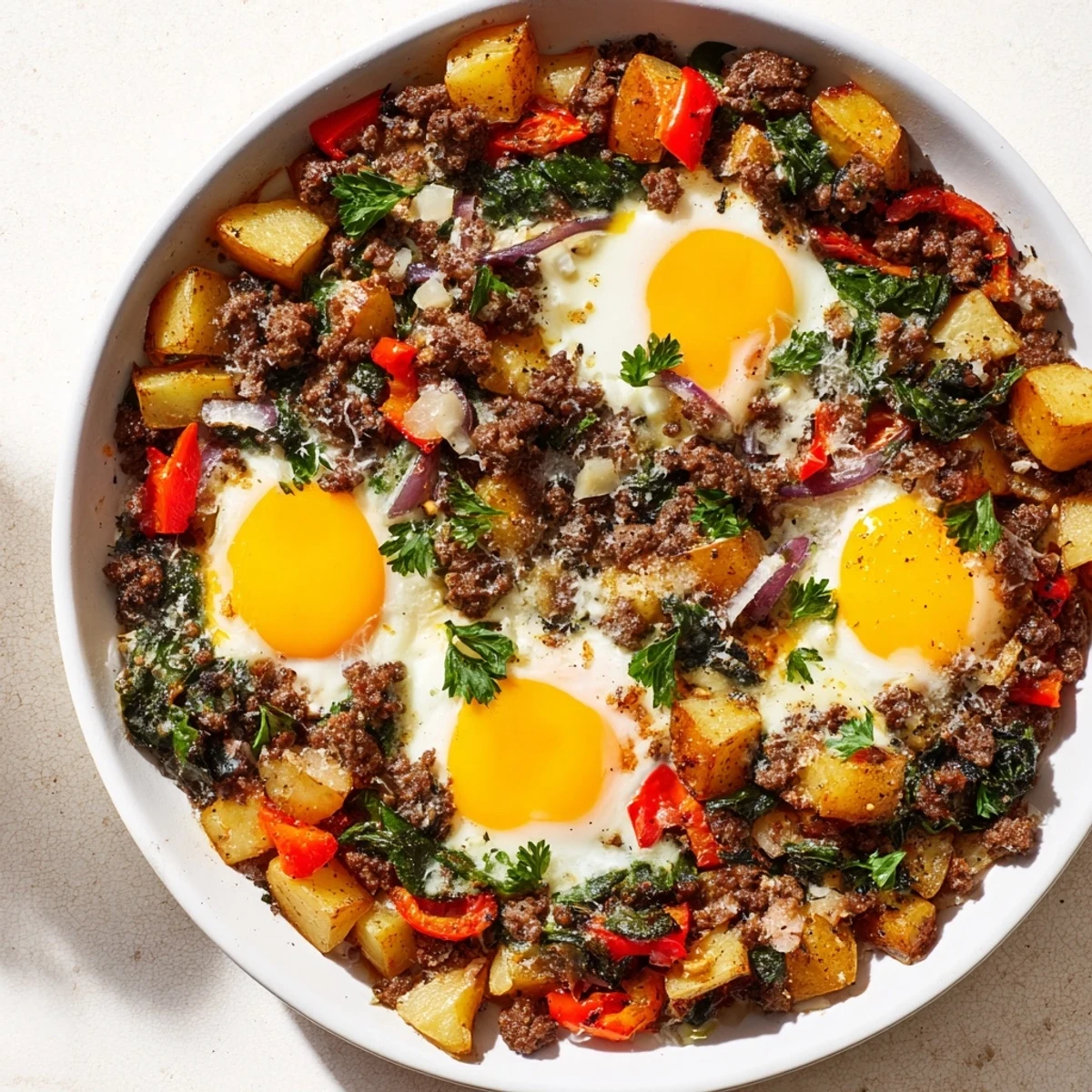 Golden yolk from baked eggs flowing over Beef Brunch Skillet with savory beef, potatoes, and spinach.