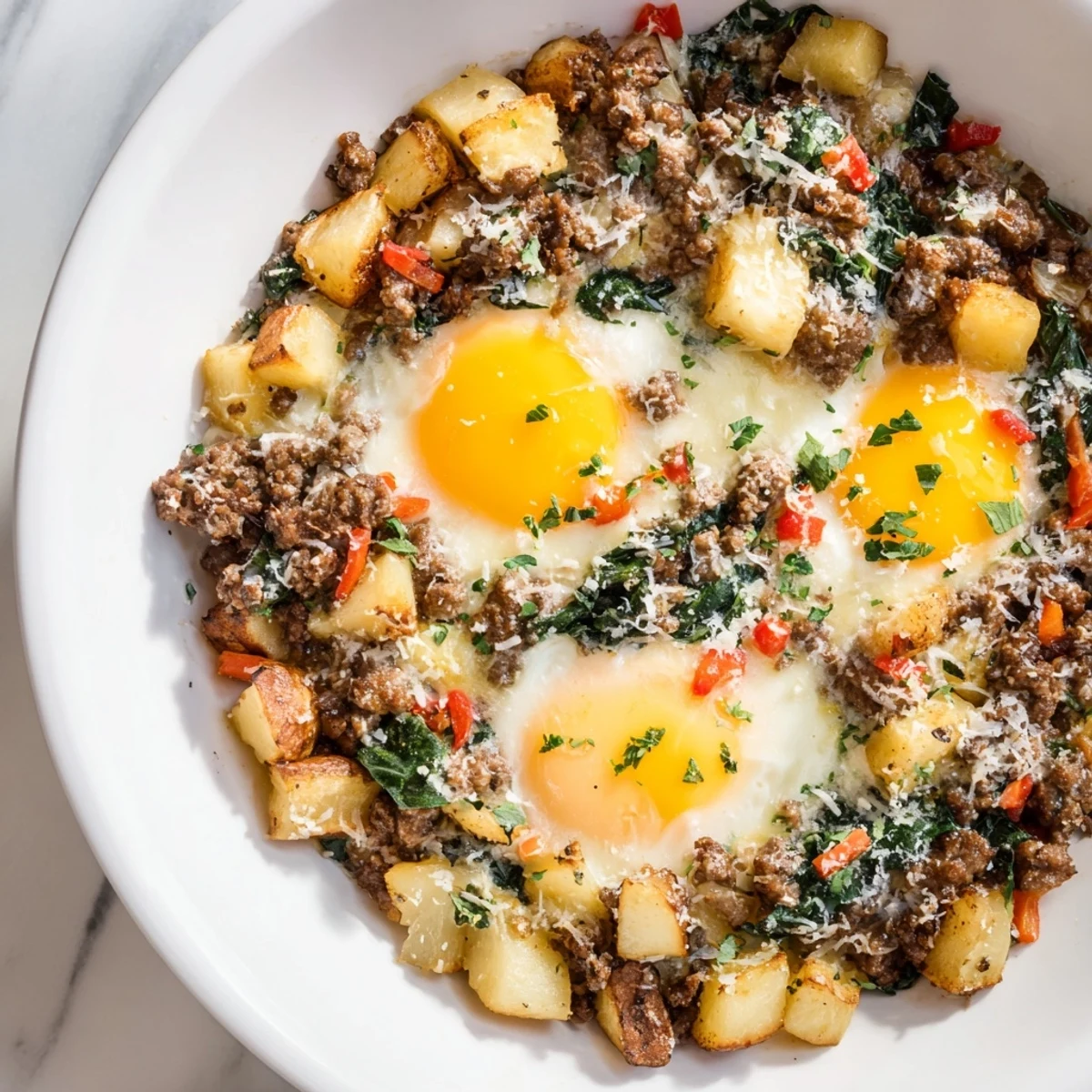 Hearty Beef Brunch Skillet topped with melted cheddar and fresh parsley, served hot for a satisfying morning meal.
