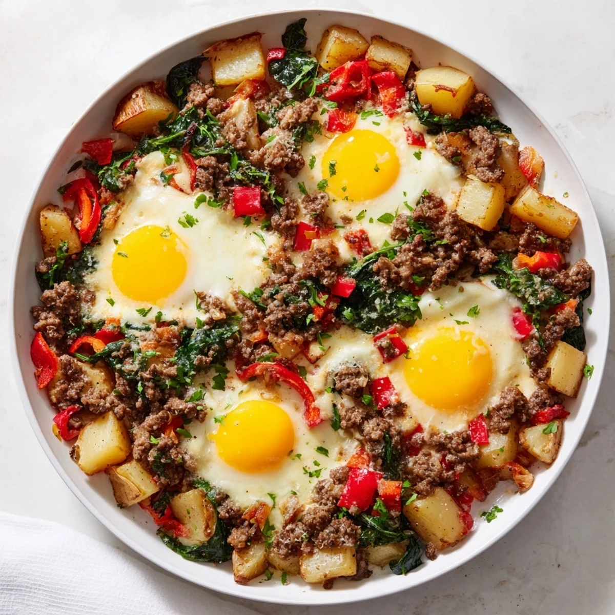 Sizzling cast-iron skillet with tender beef, crispy potatoes, peppers, and perfectly baked eggs for brunch.