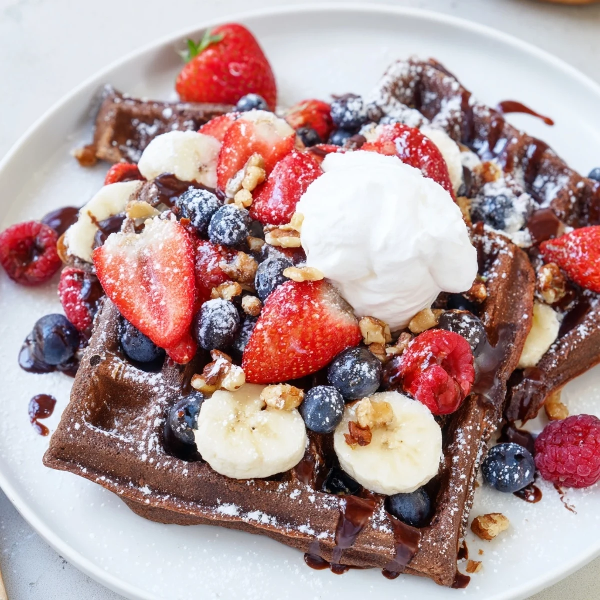 Served as a brunch treat, this Chocolate Brunch Waffle Fruit features a crispy edge and toasted nuts garnish.
