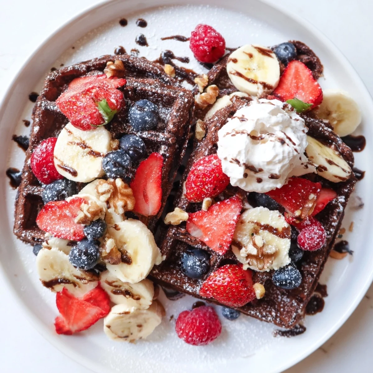 A warm, freshly made Chocolate Brunch Waffle Fruit drizzled with chocolate syrup and topped with whipped cream.