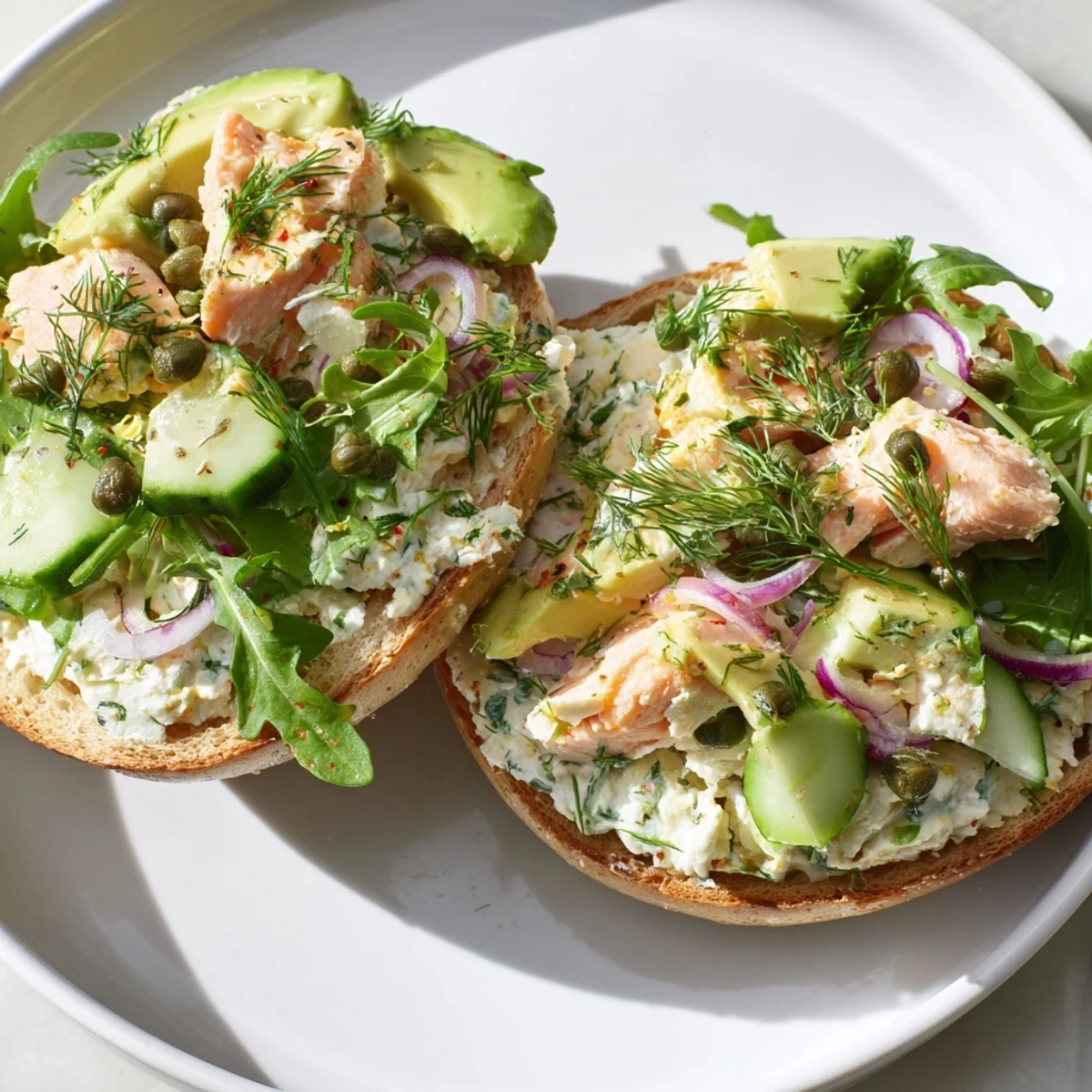 Freshly baked salmon flakes easily on a toasted bagel with creamy herbed spread, cucumber, red onion, and avocado slices.
