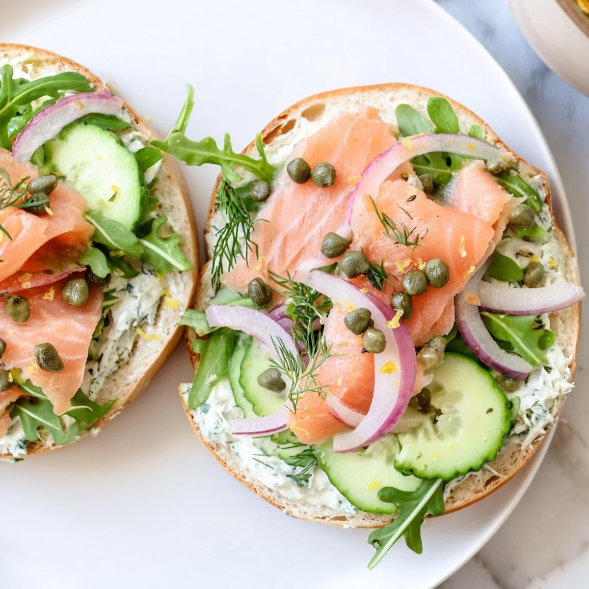 A plated Baked Salmon Brunch Bagel open-faced, topped with sliced avocado, red onion, and a squeeze of fresh lemon.