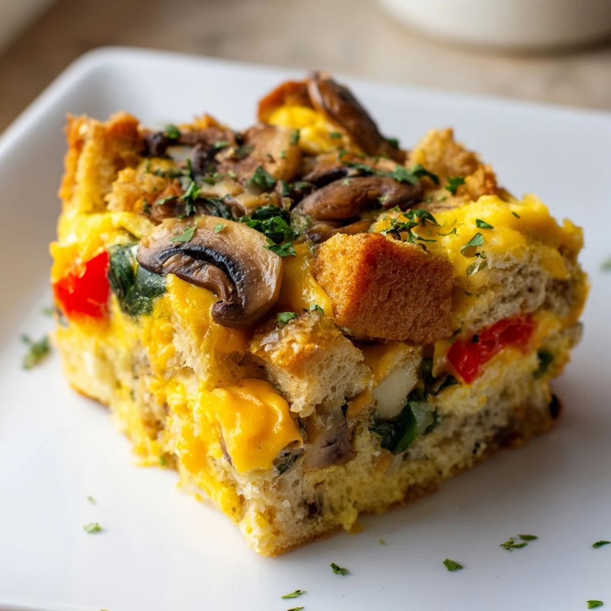 A generous slice of Winter Brunch Egg Casserole reveals layers of eggs, spinach, mushrooms, and rustic bread on a plate.