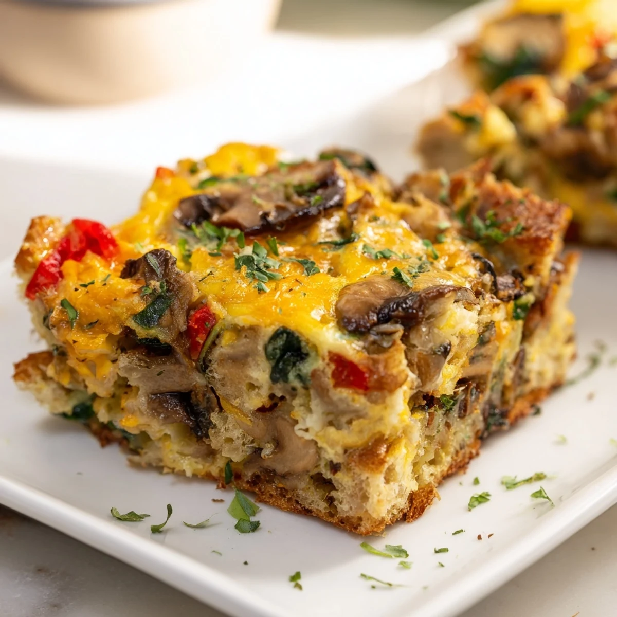 Golden-brown Winter Brunch Egg Casserole topped with melted cheddar, fresh parsley, and sliced red bell peppers.