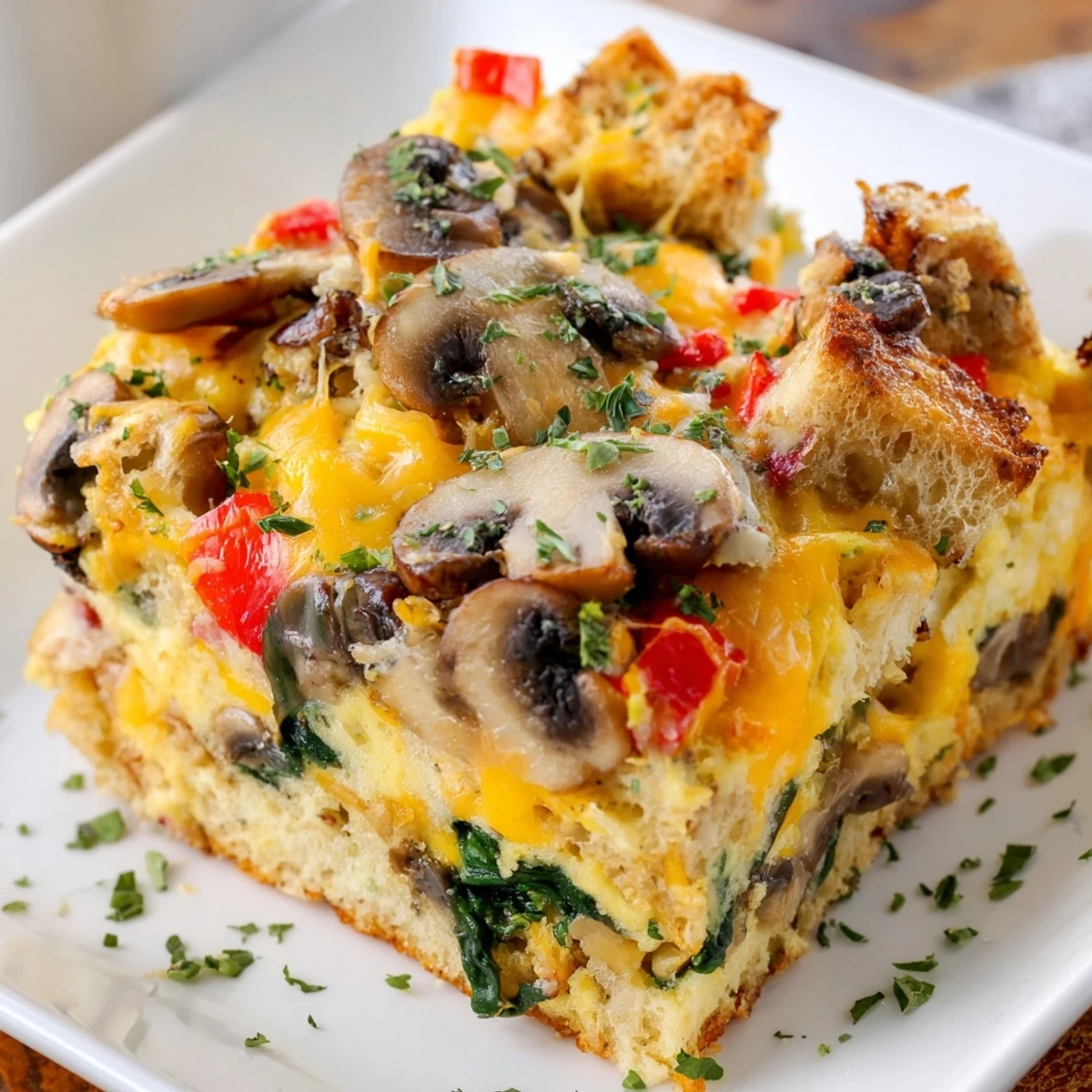 Savory Winter Brunch Egg Casserole bakes in a dish, steam rising from bubbly cheese and roasted vegetables.