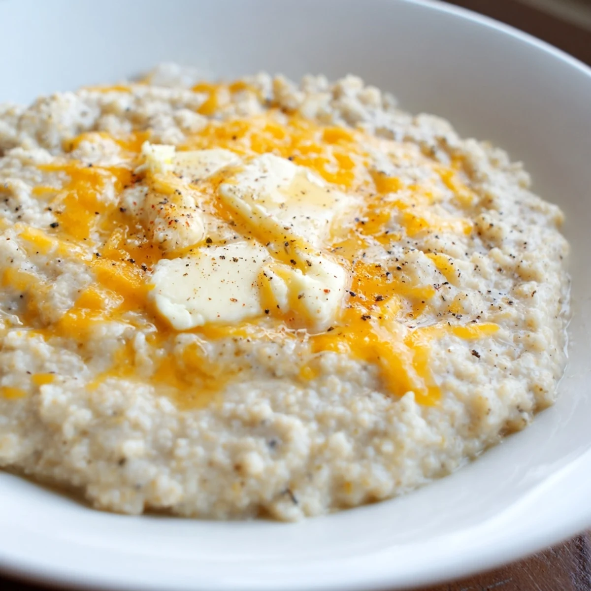 Overhead view of Creamy Brunch Cheese Grits, paired with coffee and fresh fruit for a savory brunch meal.