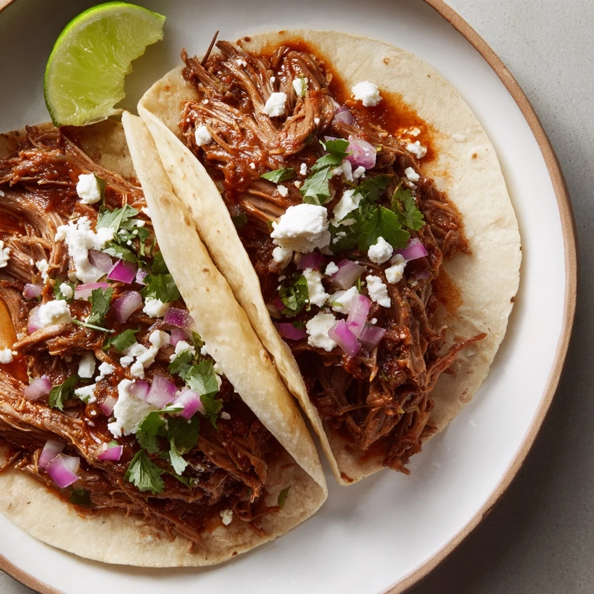 Slow Cooker Shredded Beef Tacos with lime wedges and fresh cilantro on a plate, ready to serve for a festive taco night.