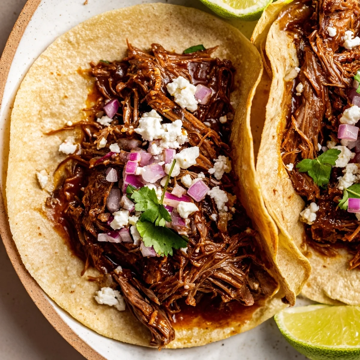 Tender shredded beef piled high in warm tortillas, topped with diced red onion and crumbled cheese for a delicious meal.