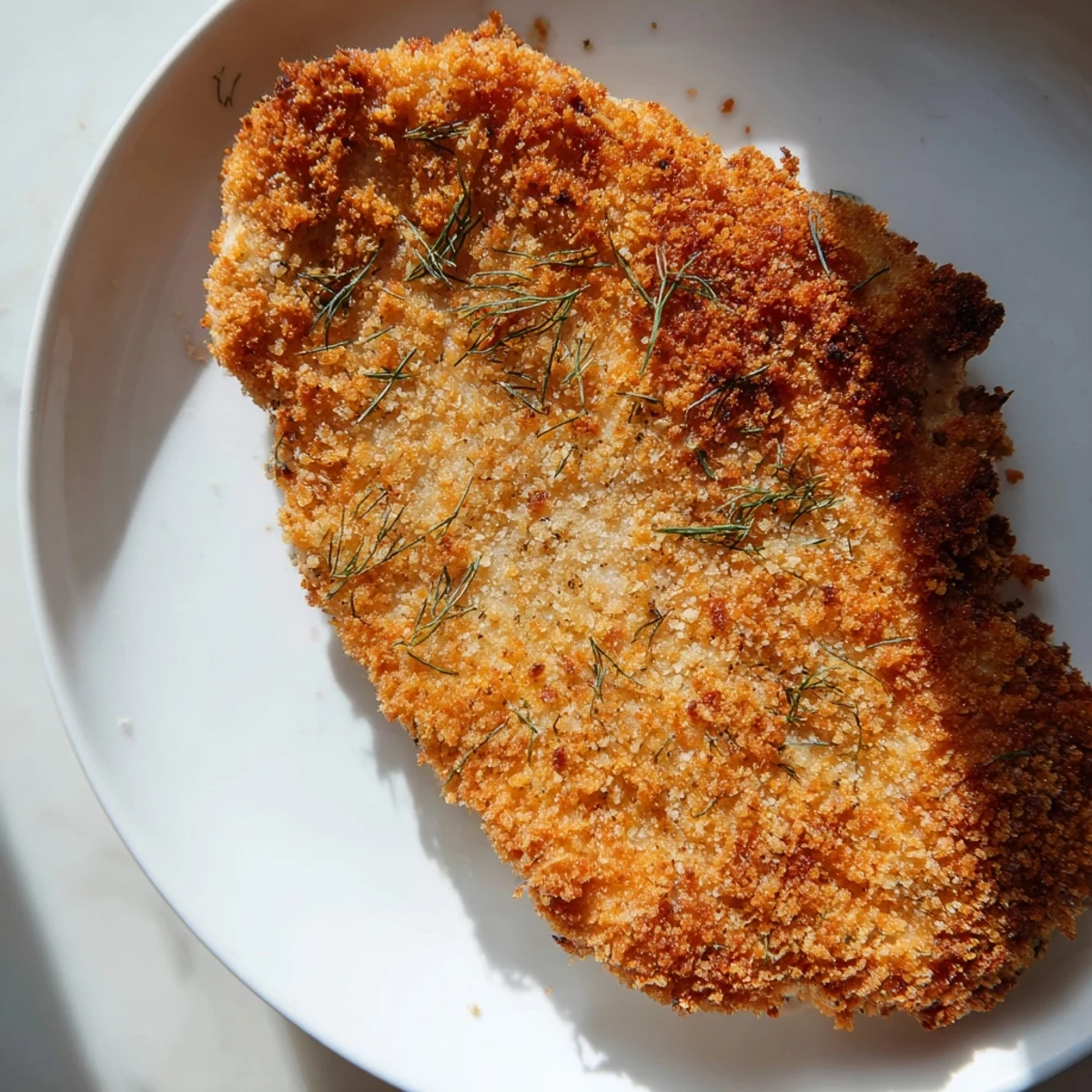Golden-brown Crispy Dill Pickle Parmesan Chicken breasts sizzling in a skillet, featuring a crunchy, cheesy crust and flecks of green dill.