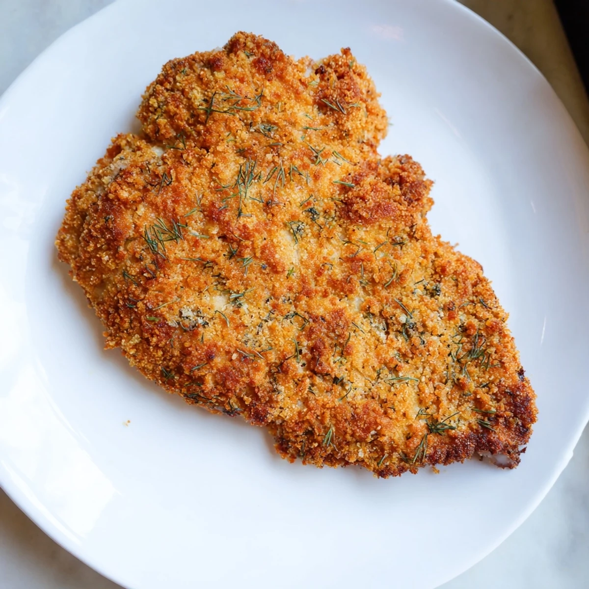 A close-up of Crispy Dill Pickle Parmesan Chicken on a dinner plate, served with creamy ranch dip and extra tangy pickles.