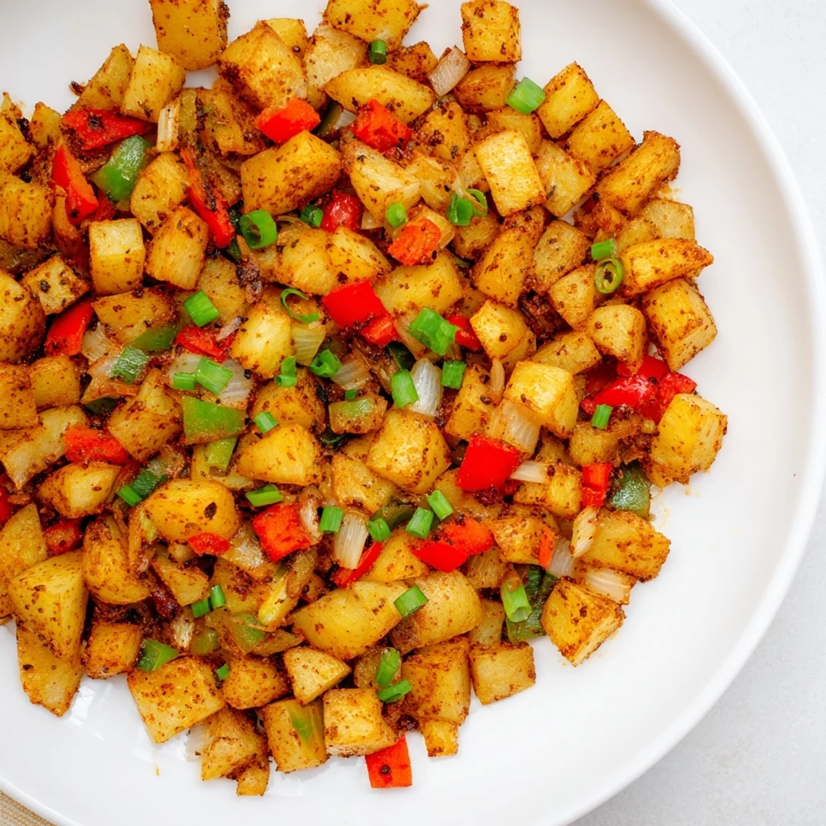 Overhead view of Spicy Brunch Hash Potato topped with sunny side up eggs and a drizzle of hot sauce