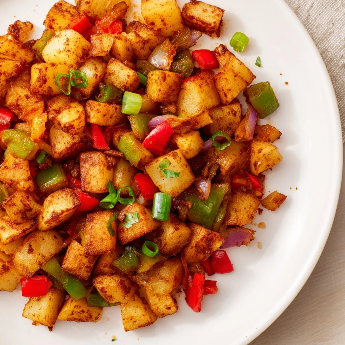 Sizzling cast iron skillet of Spicy Brunch Hash Potato featuring russet potatoes, red and green peppers, and onions