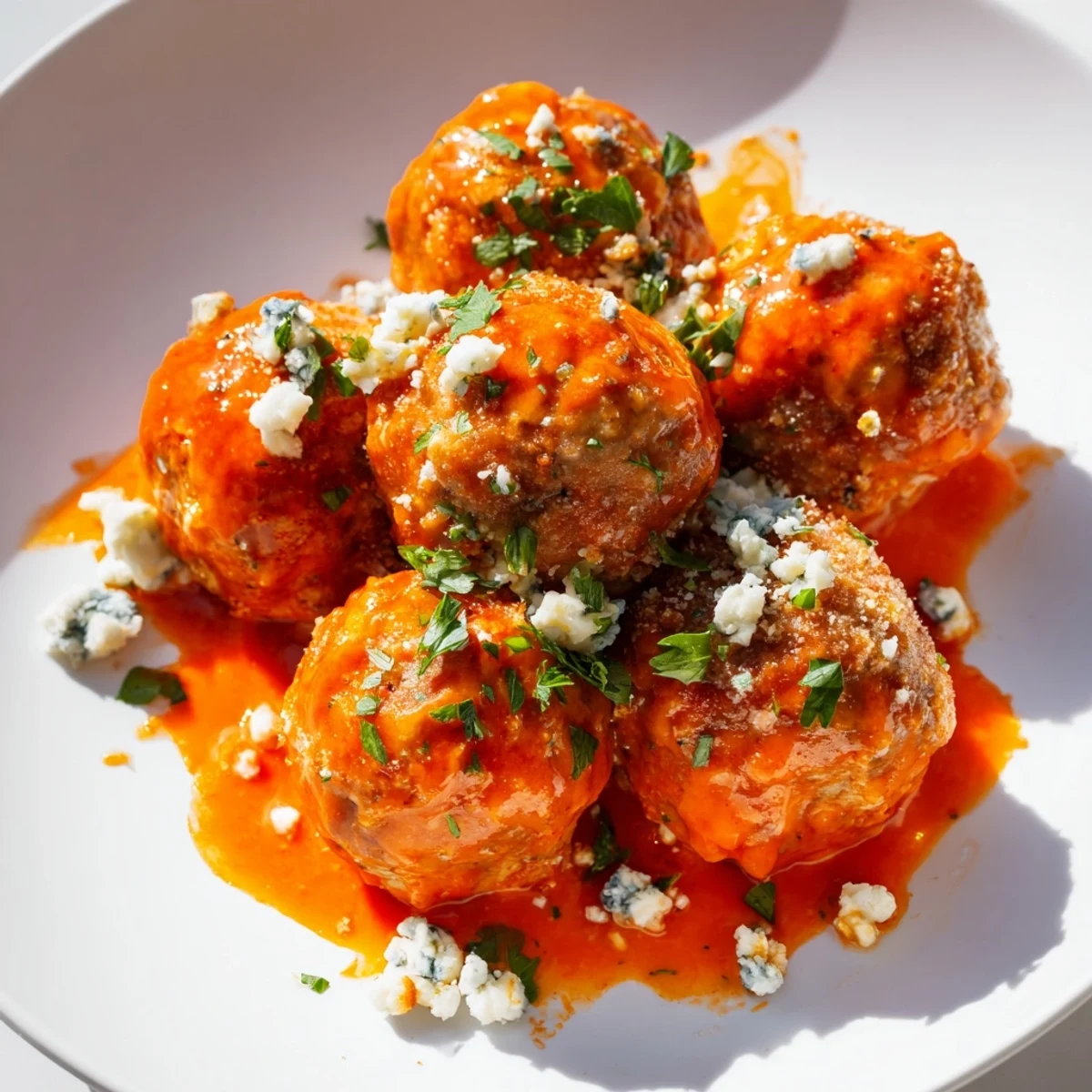 End Zone Buffalo Chicken Meatballs coated in spicy red sauce and garnished with parsley on a game day platter.