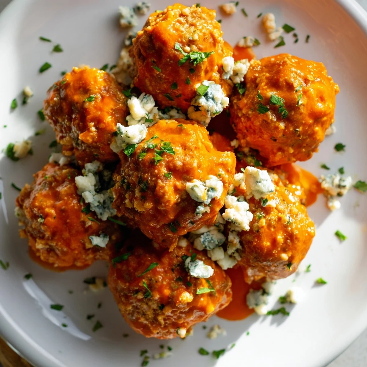 End Zone Buffalo Chicken Meatballs served with celery sticks and blue cheese dip for a classic party pairing.