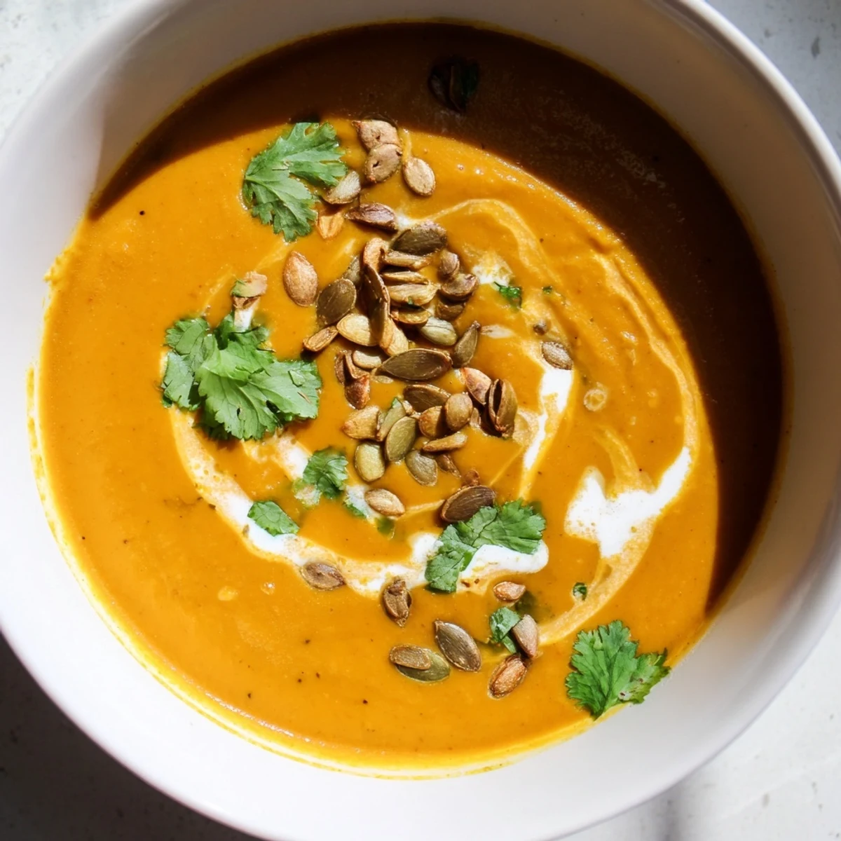 A spoon dips into silky, velvety creamy roasted carrot and ginger soup, with a swirl of coconut milk.
