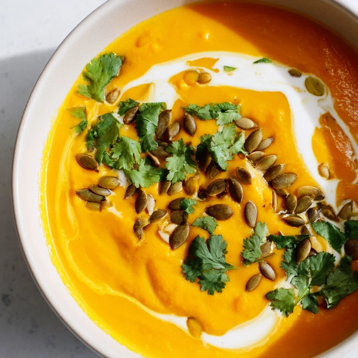 Hearty bowl of creamy roasted carrot and ginger soup, served hot with a slice of crusty bread.