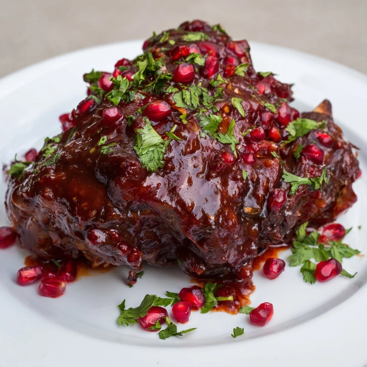 Golden-brown Braised Lamb Shanks with Pomegranate Glaze glisten on a rustic plate, garnished with fresh parsley and ruby seeds.  