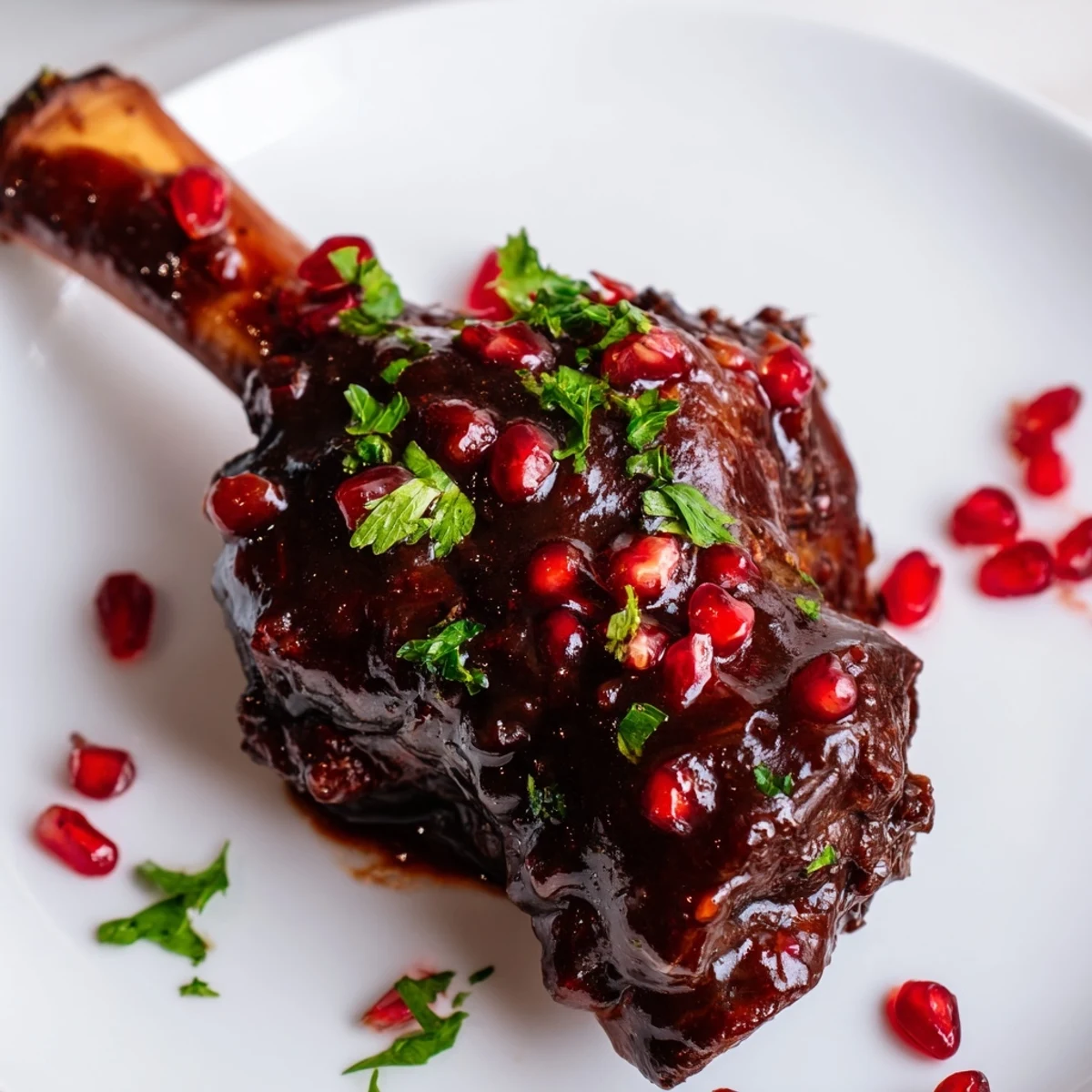 A close-up of succulent Braised Lamb Shanks with Pomegranate Glaze, highlighting the tender meat and vibrant garnish on a dark platter.