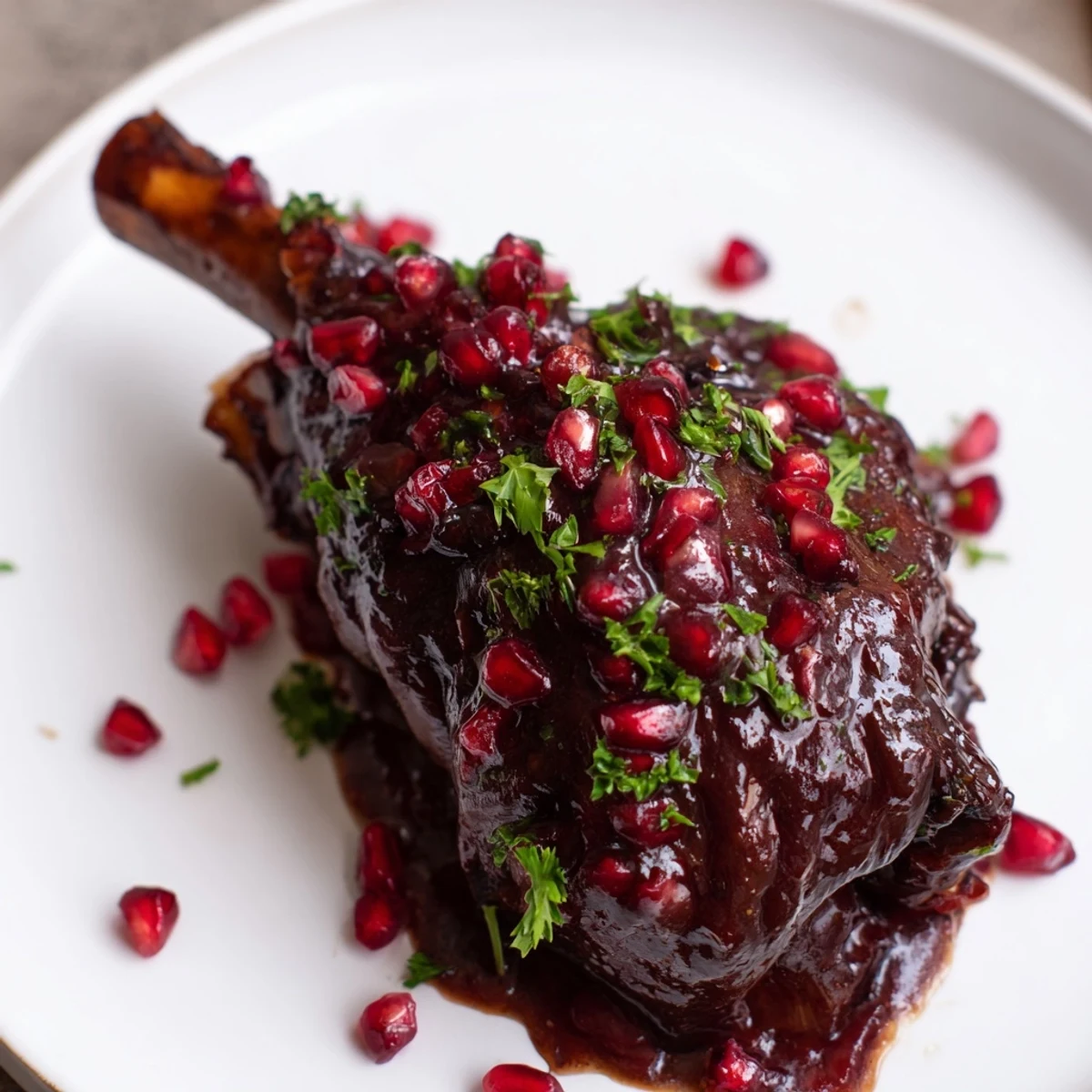 Fork-tender Braised Lamb Shanks with Pomegranate Glaze sit atop creamy mashed potatoes, drizzled with a rich, sticky glaze.  