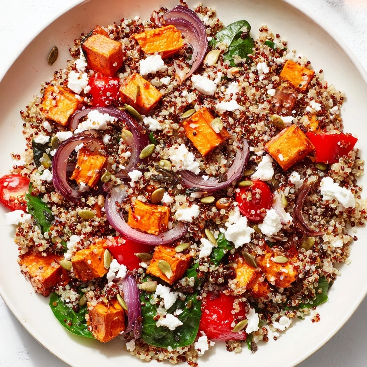 Warm Quinoa Salad with Roasted Sweet Potato served warm with crumbled feta and fresh herbs on a rustic plate.