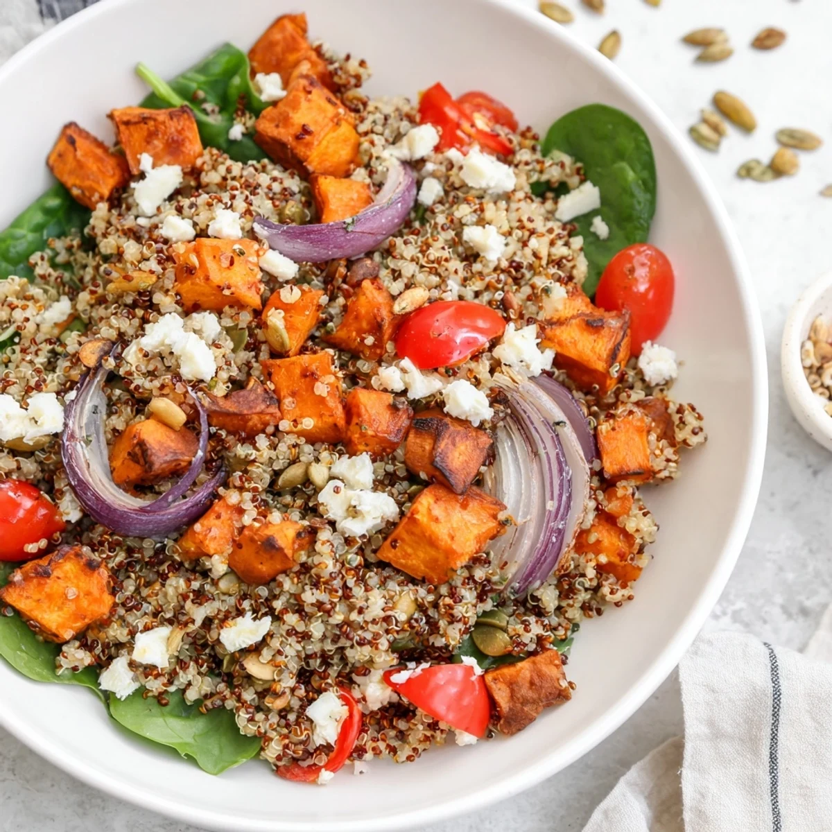 Hearty vegetarian meal prep bowl of Warm Quinoa Salad with Roasted Sweet Potato, pumpkin seeds, and bell pepper.