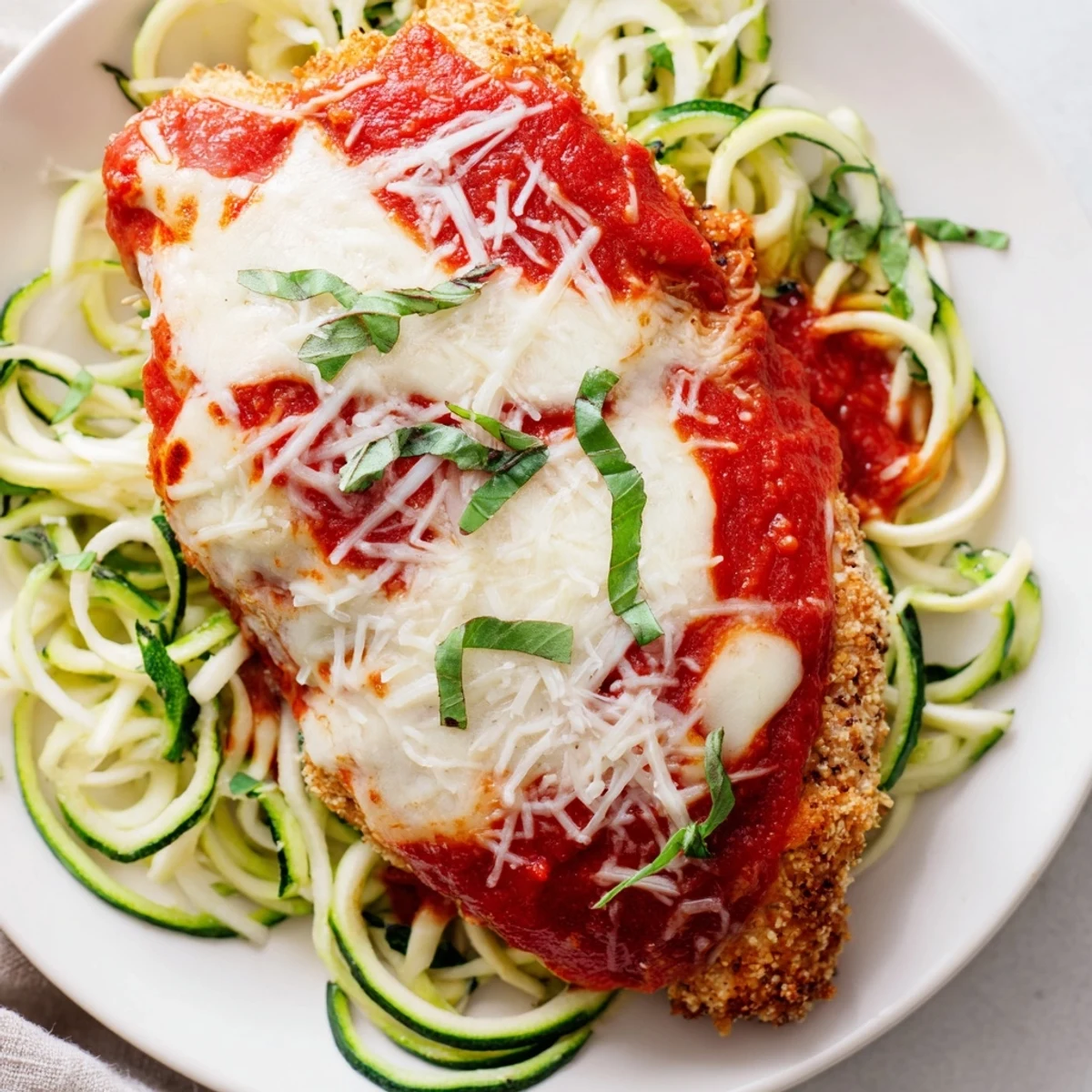 Tender baked chicken parmesan with melted mozzarella and marinara on a bed of sautéed zucchini noodles, garnished with fresh basil.  