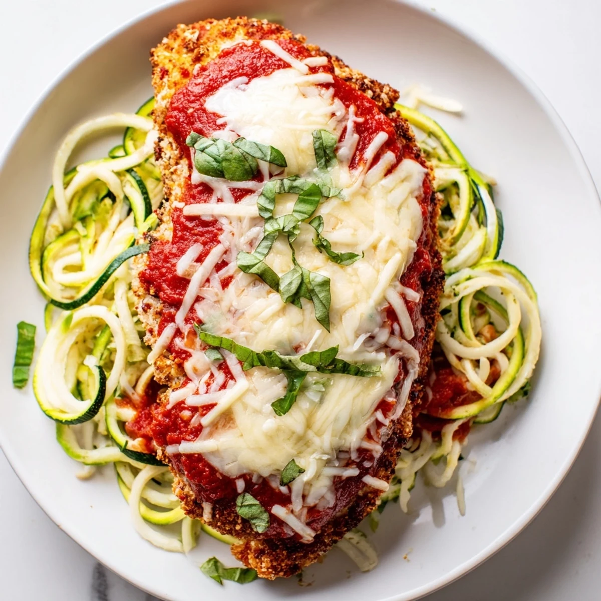 Golden, gluten-free baked chicken parmesan topped with rich marinara and cheese over light, al dente zucchini noodles for a low-carb Italian-American dinner.  