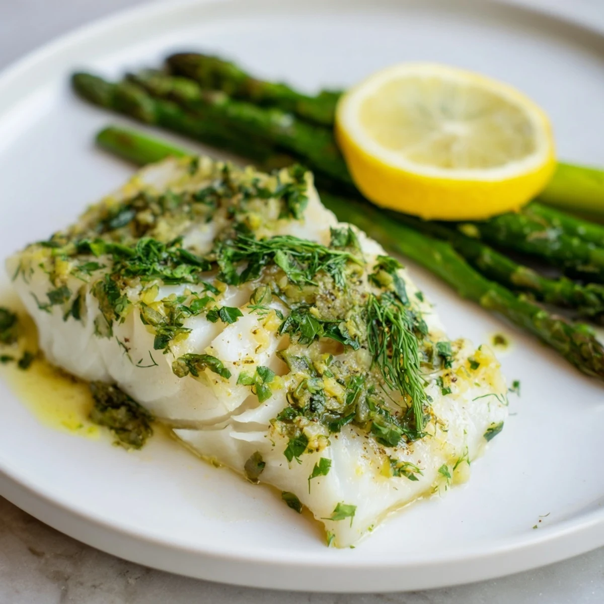 Flaky cod fillets and tender asparagus roast together on a sheet pan, brushed with zesty lemon herb butter.