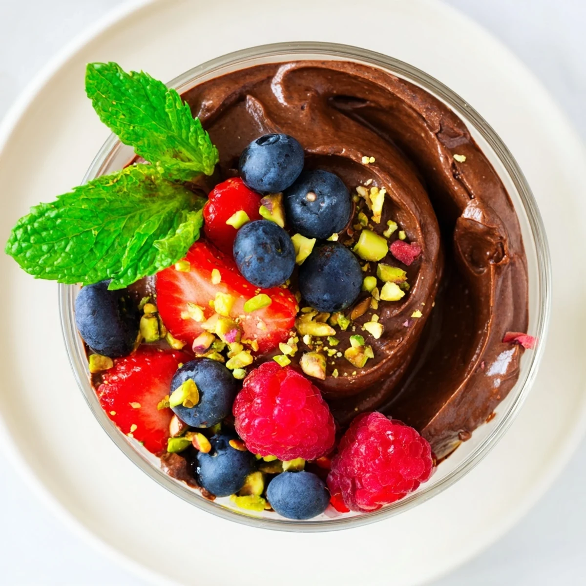 A close-up of Dark Chocolate Avocado Mousse with fresh raspberries and blueberries in a glass dessert cup.  