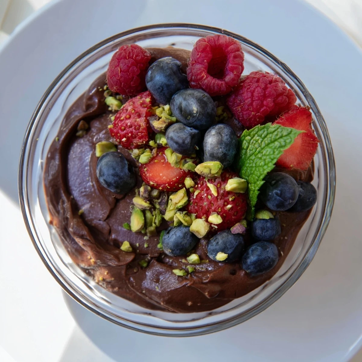 Four elegant glasses of Dark Chocolate Avocado Mousse topped with sliced strawberries and chopped pistachios.  