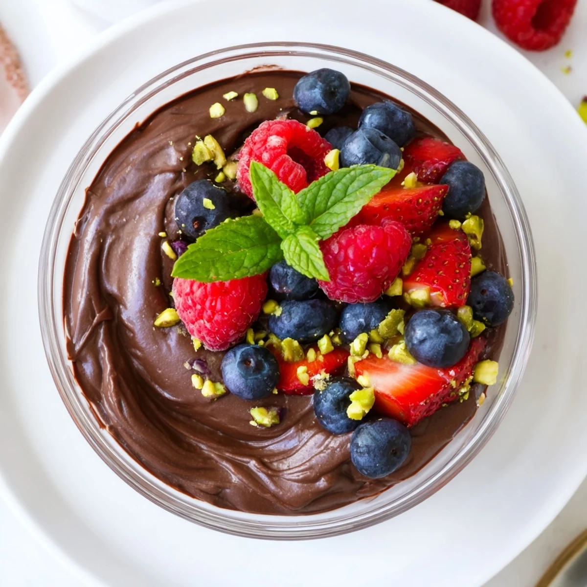 Silky Dark Chocolate Avocado Mousse garnished with mint leaves, served as a healthy, dairy-free dessert.