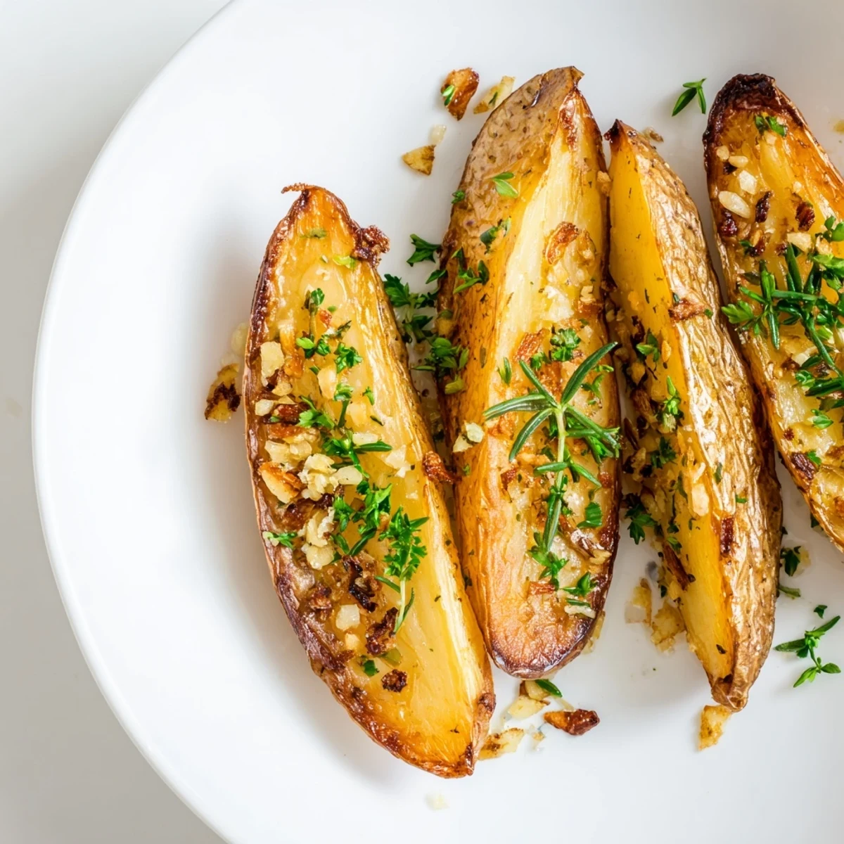 Golden roasted fingerling potatoes seasoned with garlic, rosemary, and thyme, served as a warm side dish.  