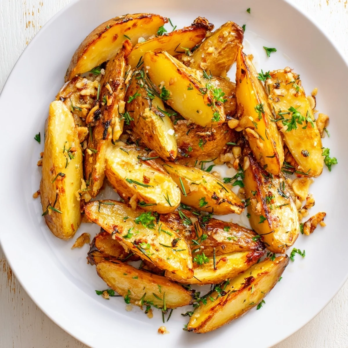 A rustic platter of roasted fingerling potatoes with garlic and herbs, ready to accompany a main course.