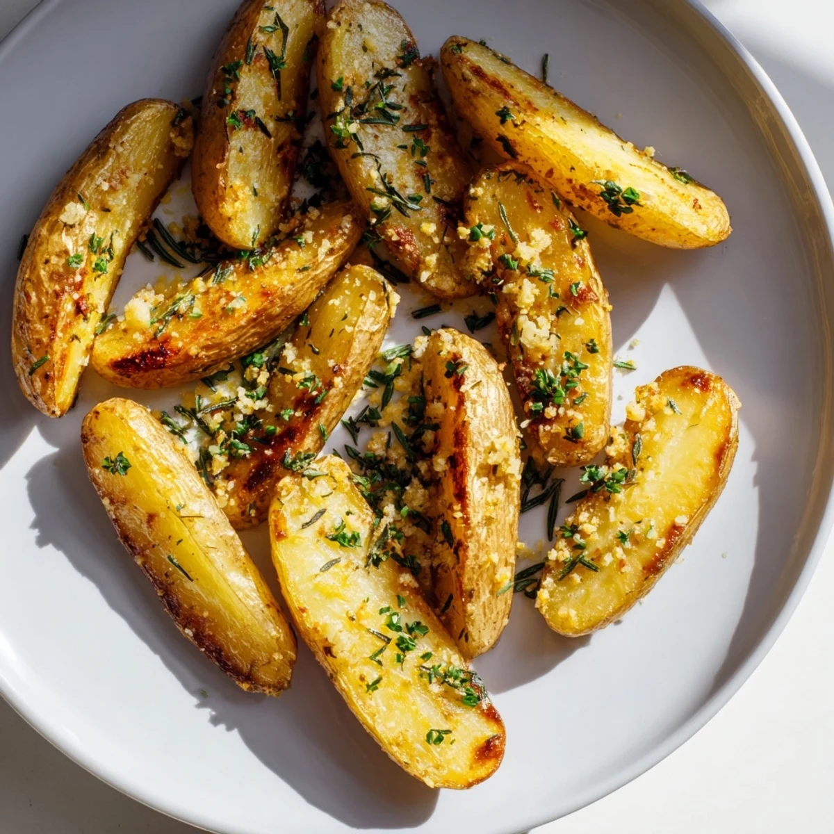 Crispy garlic herb roasted fingerling potatoes fresh from the oven, garnished with parsley and black pepper.  