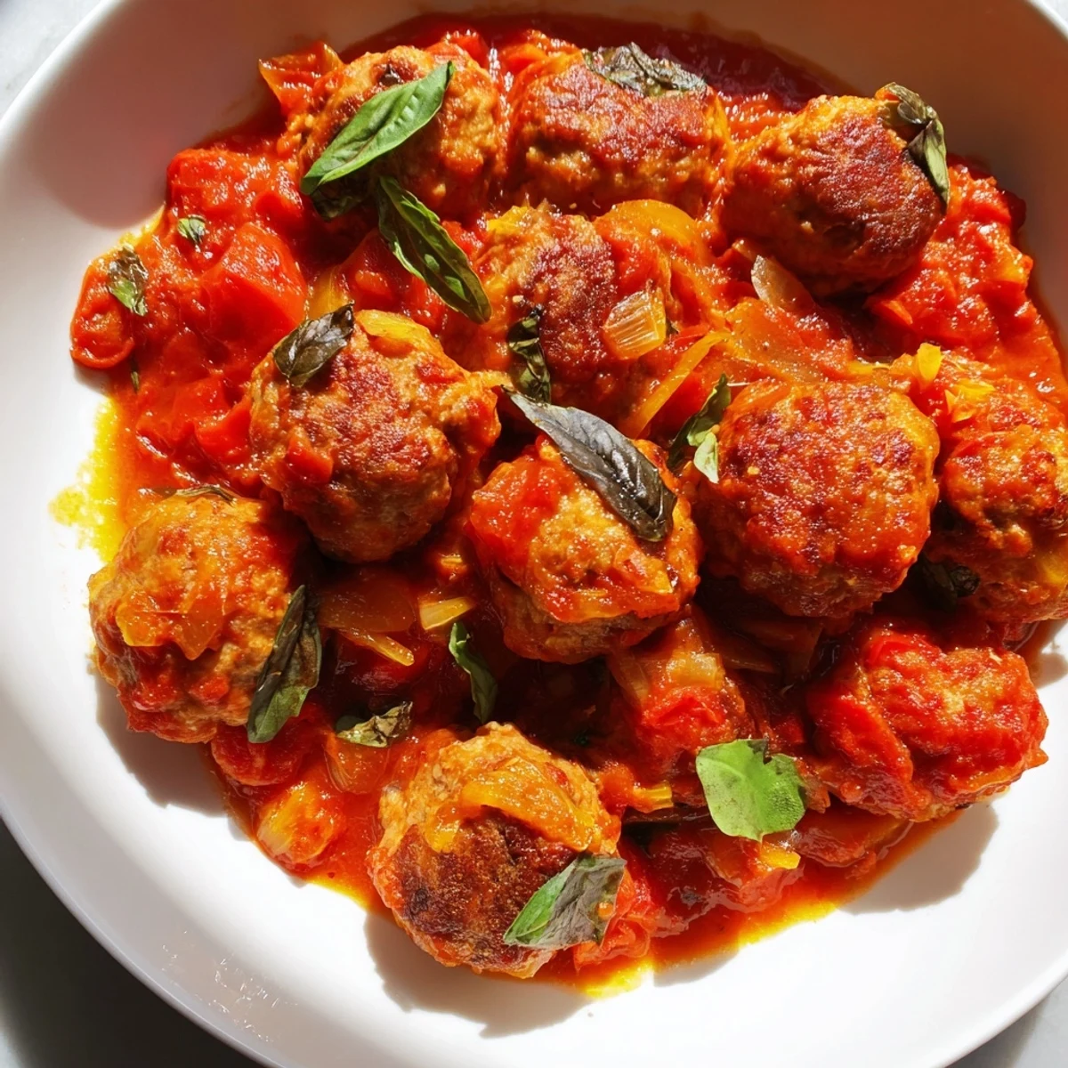 Tender turkey meatballs simmering in a rich, roasted tomato sauce, served over steaming spaghetti for a classic Italian-American dinner.