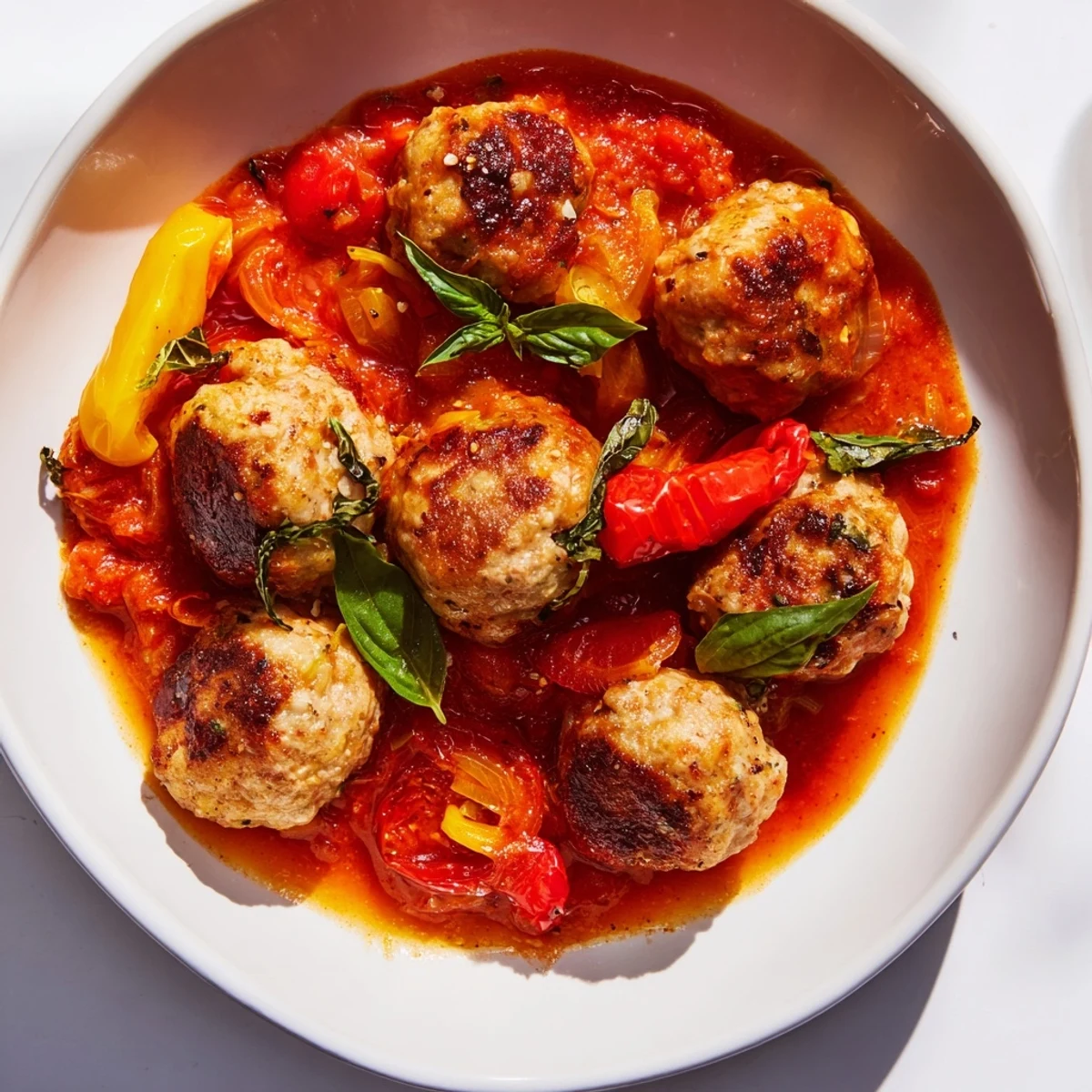 Savory turkey meatballs nestled in a vibrant garlicky roasted tomato sauce, garnished with fresh basil and ready to serve.