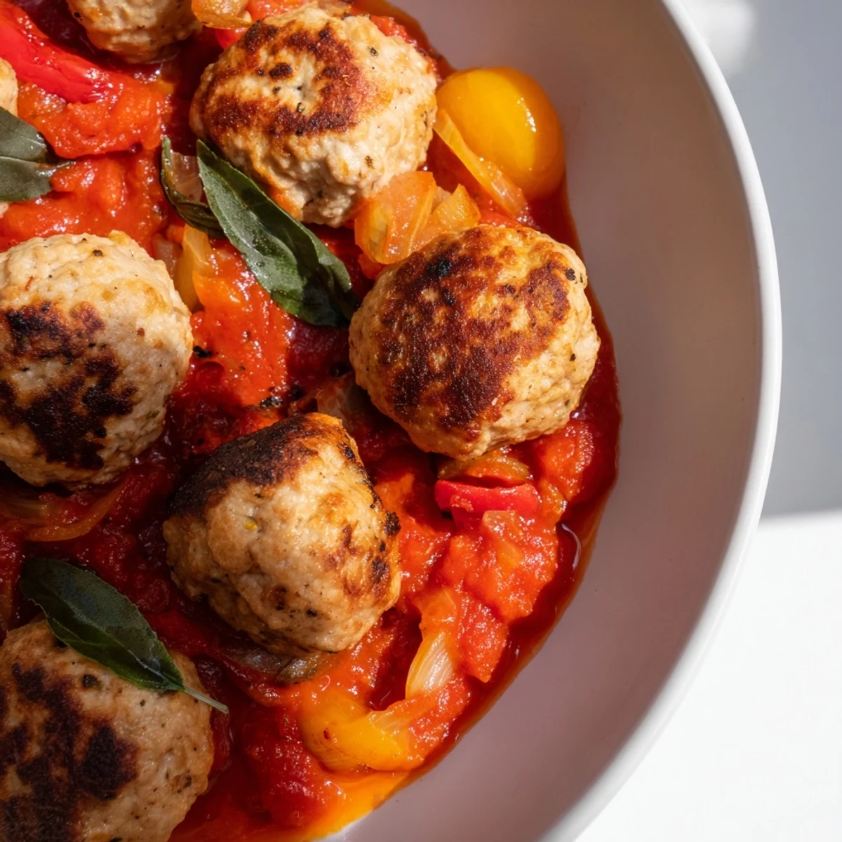 A close-up of golden turkey meatballs in a deep red roasted tomato sauce, perfect for a comforting family meal.