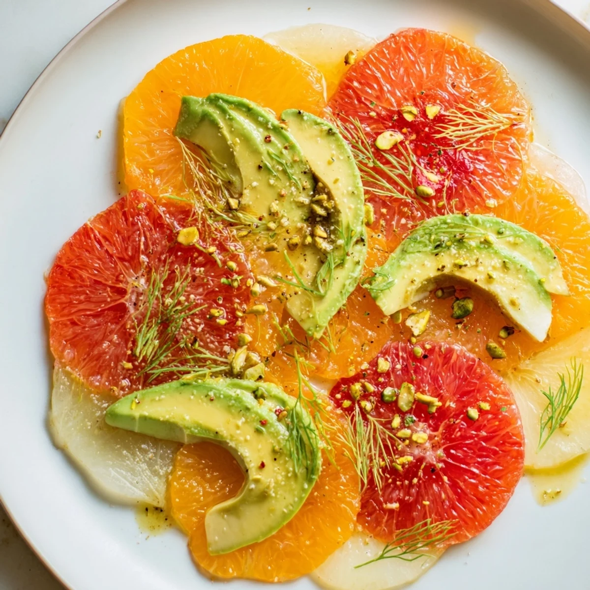 Winter Citrus Salad with Avocado and Fennel arranged on a platter with vibrant orange, blood orange, and grapefruit slices. 