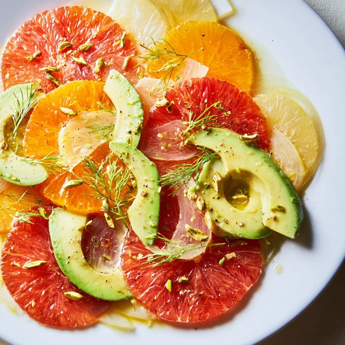 Freshly tossed Winter Citrus Salad with Avocado and Fennel, drizzled with dressing and sprinkled with pistachios.