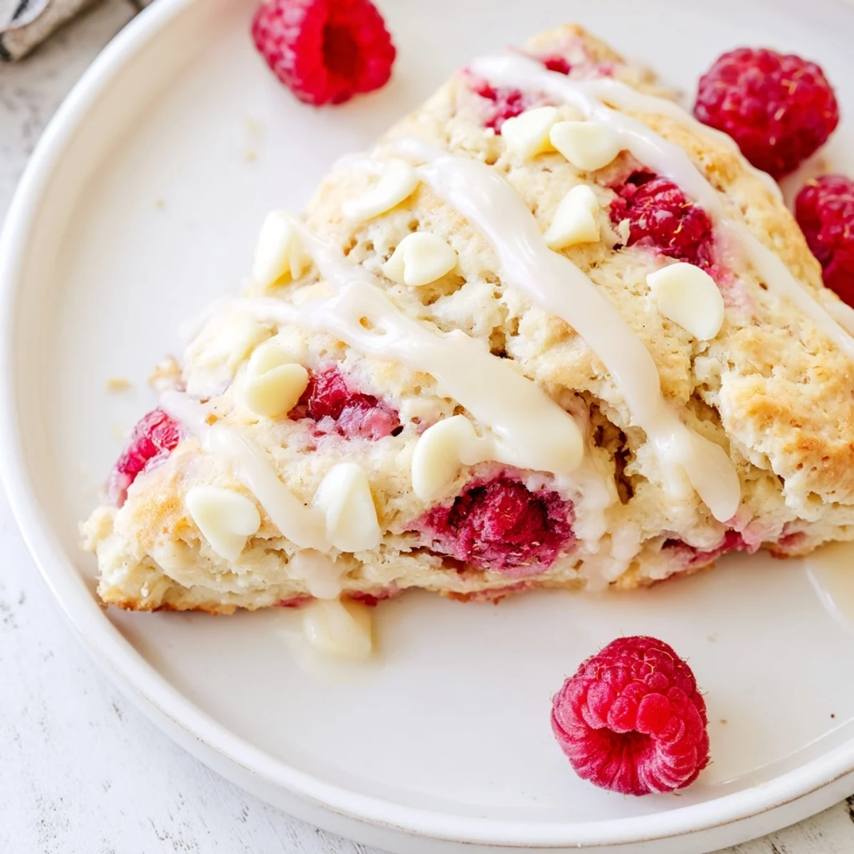 Freshly baked Raspberry White Chocolate Scones on a rustic wooden board, drizzled with vanilla glaze.