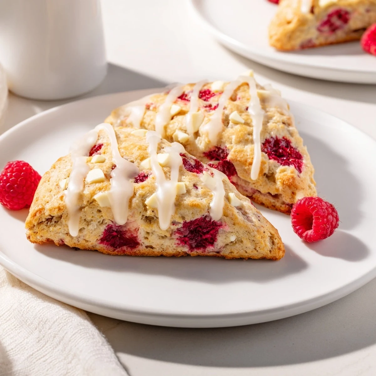 Warm Raspberry White Chocolate Scones with visible ruby raspberries, perfect for a cozy breakfast spread.