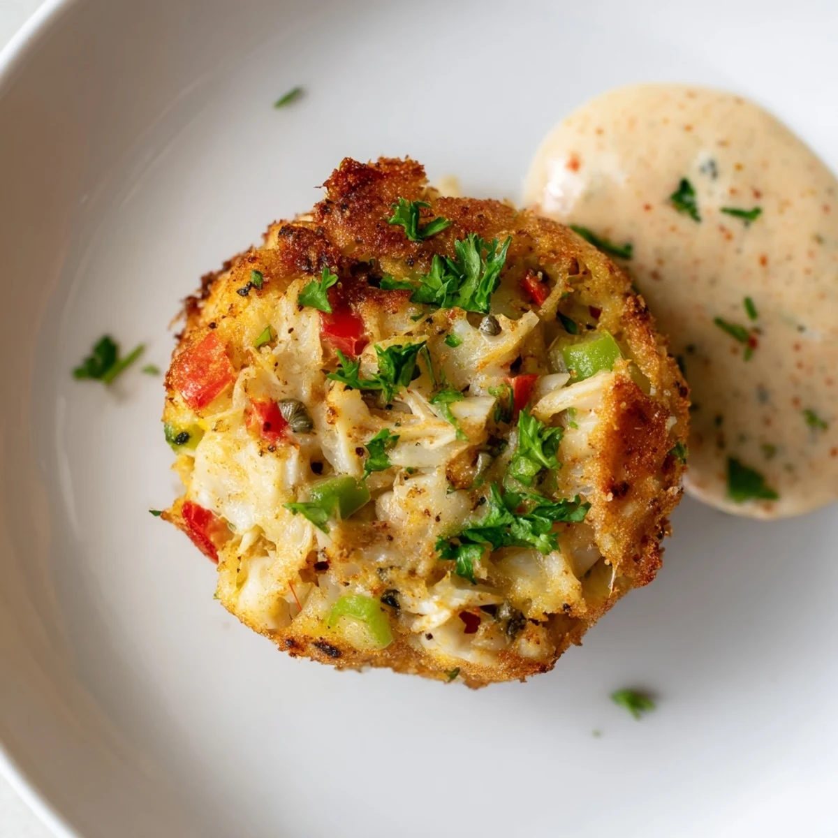 Golden-brown Cajun Crab Cakes with Remoulade Sauce, garnished with fresh parsley and lemon wedges on a rustic platter.