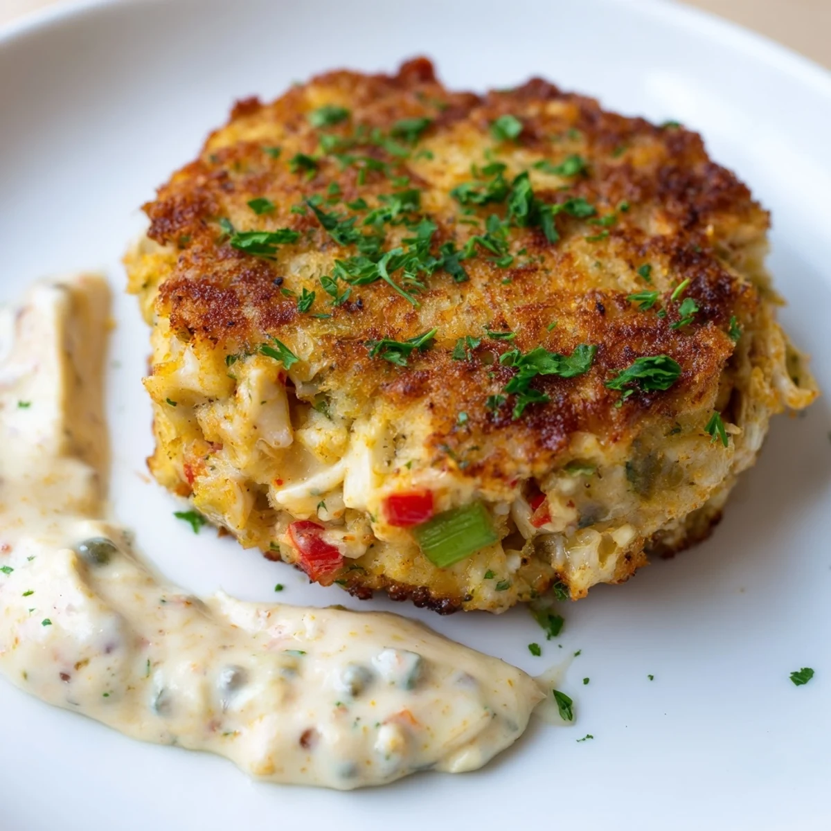 A close-up of crispy Cajun Crab Cakes with Remoulade Sauce, highlighting the delicate crab meat and golden crust.