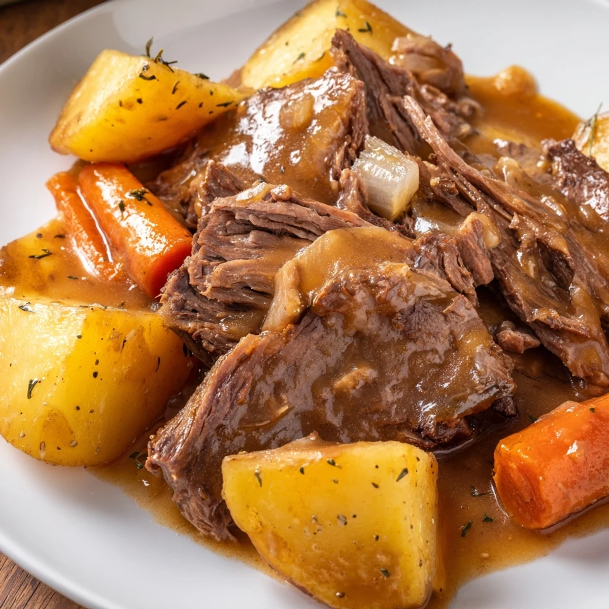 A close-up of Irish Beef Pot Roast with Carrots and Potatoes, featuring tender shredded beef and glazed vegetables in rich, savory gravy.