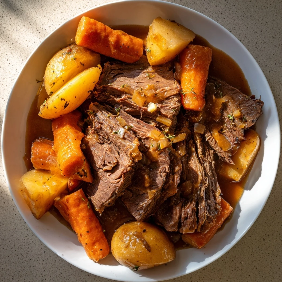 Comforting Irish Beef Pot Roast with Carrots and Potatoes plated beside crusty bread, showcasing juicy beef and caramelized carrots in thick gravy.