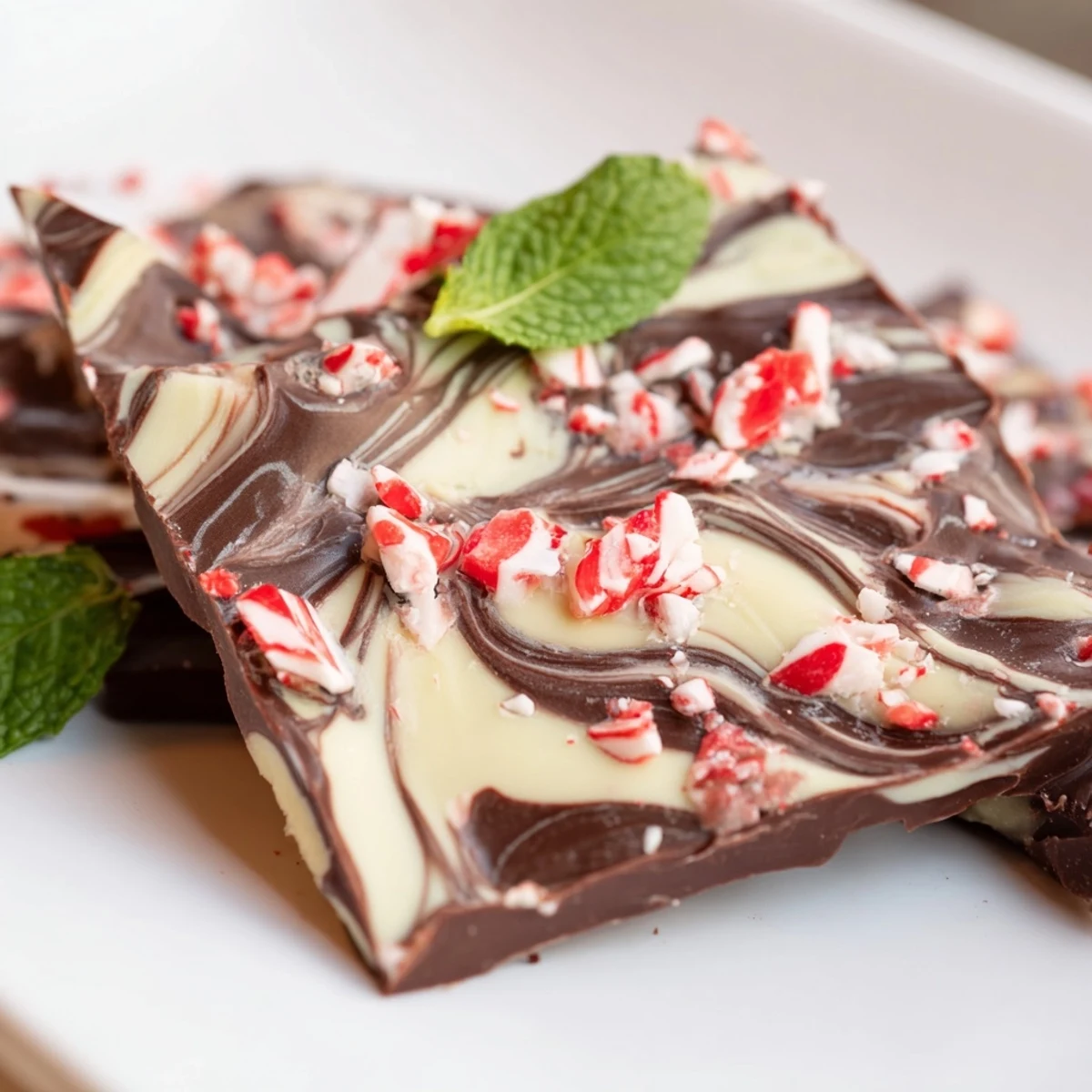 Shards of dark chocolate bark are swirled with creamy white chocolate and studded with crushed peppermint candies for a festive, cool mint crunch.  